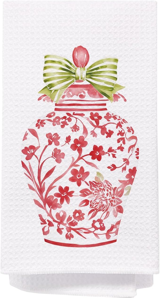 SPBL&L Chinoiserie Decor Kitchen Towels, Pink Chinoiserie Ginger Jar Vase Decorative Hand Towels for Bathroom, Grandmillenial Decor Dish Towels Tea Towels for Kitchen, 16x24 Inches