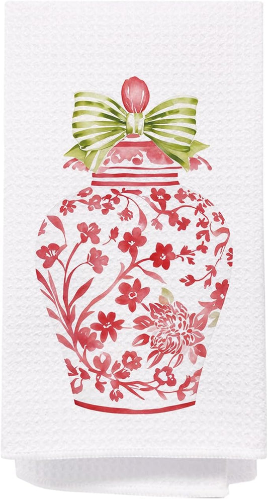 SPBL&L Chinoiserie Decor Kitchen Towels, Pink Chinoiserie Ginger Jar Vase Decorative Hand Towels for Bathroom, Grandmillenial Decor Dish Towels Tea Towels for Kitchen, 16x24 Inches