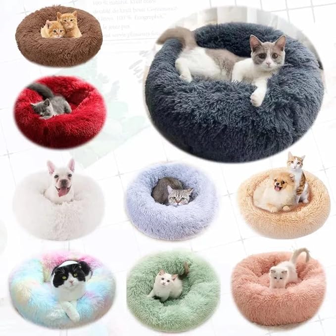 Cat Beds for Indoor Cats - Cat Bed Washable 24 inches, Dog Beds for Small Medium Dogs, Anti Anxiety Round Fluffy Plush Faux Fur Cat Bed, Thick Bottom (Blue, Large)