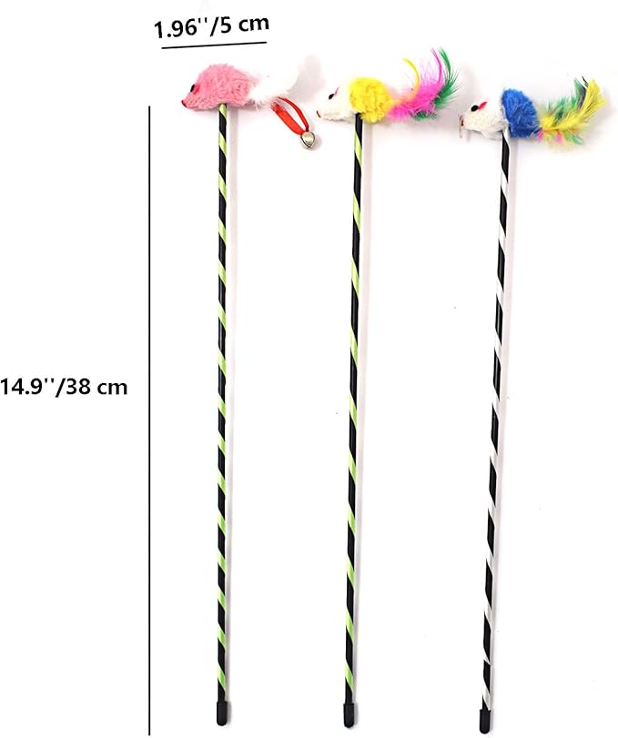 IUHKBH Interactive Cat Sticks, 3 PCS Cat Wands with Mice Long Cat Teaser Wands for Cats Kittens Having Fun Exerciser Playing