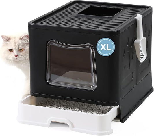 Bolux Foldable Cat Litter Box with Lid, Extra Large Litter Box with Cat Litter Scoop, Drawer Type Cat Litter Pan Easy to Scoop & Low Tracking (Black XL)