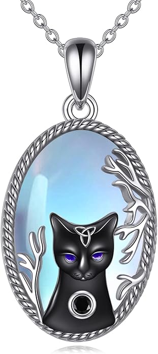 Black Cat Necklace Moonstone Sterling Silver Cats Moon Necklace Gothic Witch Black Cat Jewelry Gifts for Cat Lovers Women