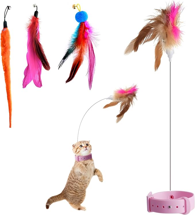 Abnaok Cat Feather Collar Toys, Interactive Cat Toys for Indoor Cats Teasing Wand Collar Funny Cat Toy with Bell and Replaceable 3 Feathers Refills Multiple Ways for Cats to Play
