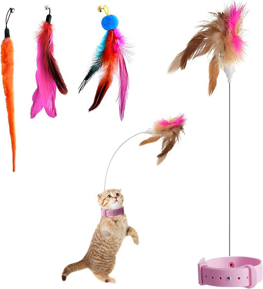 Abnaok Cat Feather Collar Toys, Interactive Cat Toys for Indoor Cats Teasing Wand Collar Funny Cat Toy with Bell and Replaceable 3 Feathers Refills Multiple Ways for Cats to Play