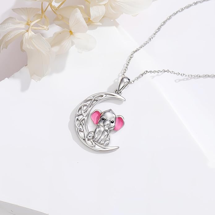 925 Sterling Silver Cat/Fox/Panda/Elephant/Highland Cow Necklace Crescent Moon Pendant Cute Animal Jewelry Gift for Women