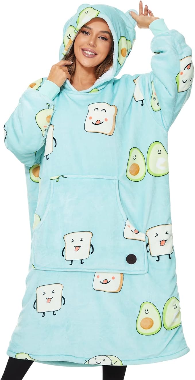 THREE POODLE Wearable Blanket Hoodie, Oversized Long Sherpa Sweatshirt Blanket for Adults Women Men, Warm Cozy Hooded Blanket, Gifts for Mom Girlfriend