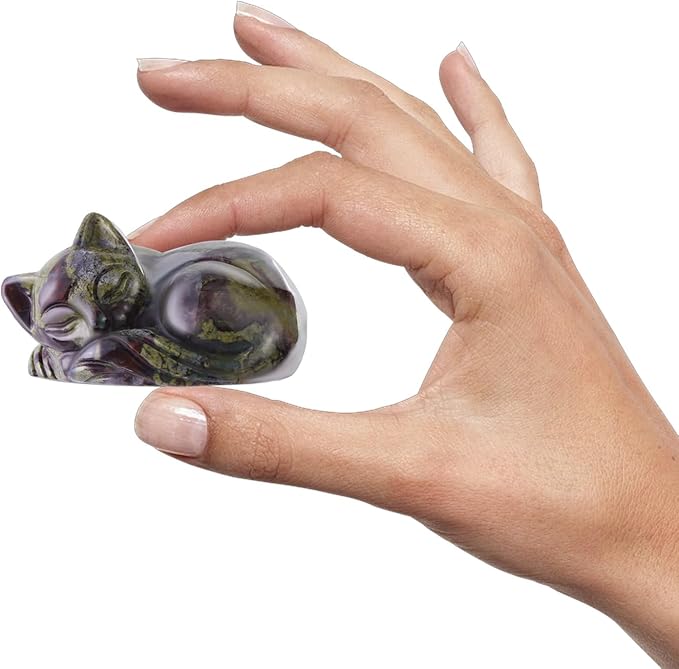 2" Sleeping Cat Statue Dragon Blood Healing Crystals Hand Carved Cute Kitten Figurine, Worry Stone for Anxiety Relif Home Desk Decor Animal Figurine