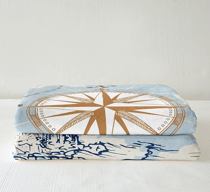 Nautical Anchor Fleece Sherpa Blanket, Vintage Sail Boat Lighthouse Throw, Conch Starfish Seashell Pattern, Ocean Wave Style, World Map Living Room Decor
