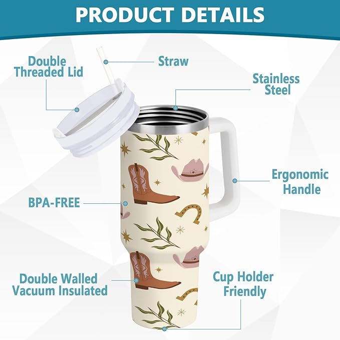 Boccsty Western Boho Print America Tribal Insulated Tumblers Reusable Stainless Steel Tumbler 30 oz Cup Coffee Travel Mug Water Bottle with Handle & Flip Straw for Home Office Car