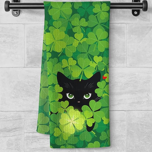Lucky Clover Cat Green Kitchen Towels-Fun Irish Themed Dish Towels with Hidden Black Cat & Glowing 4-Leaf Design, Decorative Hand Towels for Kitchen Decor or Bathroom Accessories