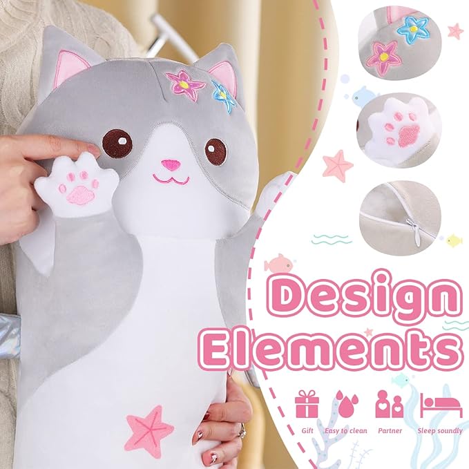AIXINI Long Cat Plush Pillow Cartoon Cute Gray Cat Stuffed Animals, Soft Kawaii Kitten Plushies Pillow Toy for Kids (Gray,27.5inch)