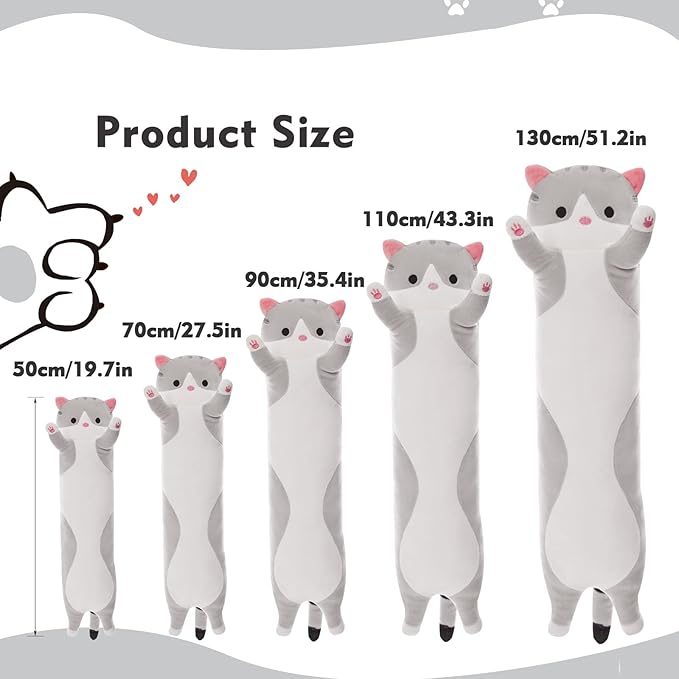 Long Cat Plush Pillow, 51in Cute Cat Plushie Stuffed Animals Body Pillow, Grey Kawaii Kitten Soft Plushie Doll Toy Birthday Gift for Kids Girlfriend