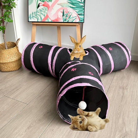 Cat Tunnel Tube Toys, Pink Paw Tunnels for Indoor Cats, 3 Way Collapsible Interactive Toy Maze House with Peek Holes Ball for Rabbit, Kitten, Kitty, Puppy