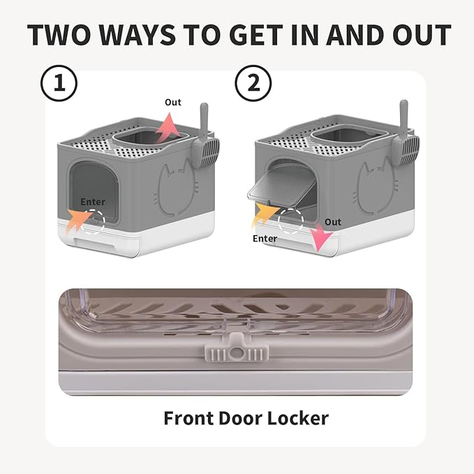 All for Paws Foldable Cat Litter Box Mess Proof Enclosed Litter Box for Large Cats Top Entry, Cat Toilet 2 Ways Out with Handy Litter Scoop, Hold Cats Under 20LBS (Grey)