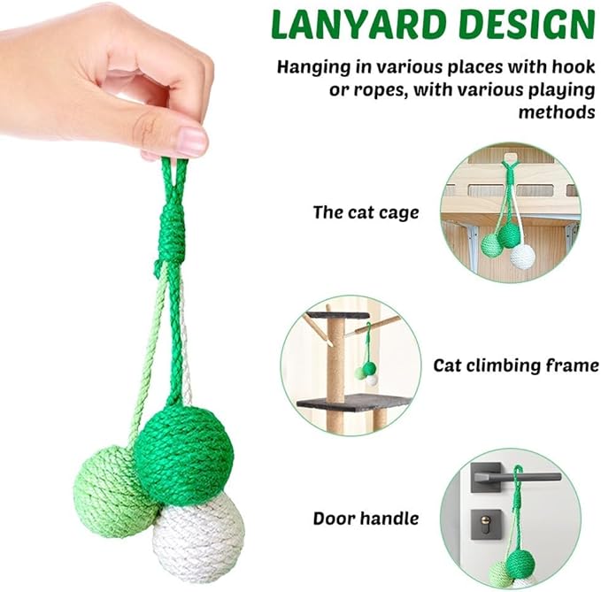 MiOYOOW Cat Toy Sisal Ball, Tricolor Hanging Cat Balls Handmade Cat Scratcher Ball Interactive Toy for Indoor Cats Kittens