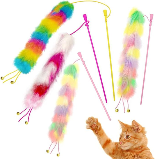 4 Pack Cat Wand Toy, Rainbow Cat Feather Toys with Bells, Cat Teaser Wand with Soft Furry Tail, Interactive Cat Toys for Indoor Cats & Kitten & Kitty