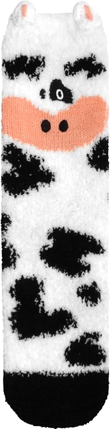 BambooMN Super Soft Cozy Warm Cute Animal Non-Slip Fuzzy Crew Winter Socks, 1 Pair Cow