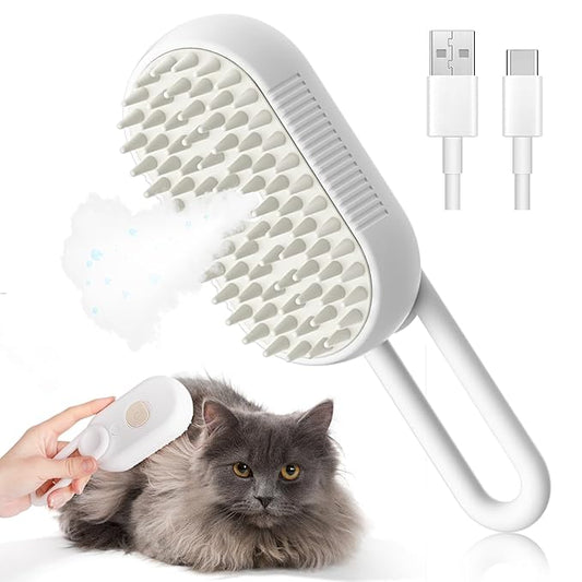 3-in-1 Brush for Pet Grooming - Steam-Powered Deshedding Comb for Removing Loose and Tangled Hair from Dogs and Cats (White)