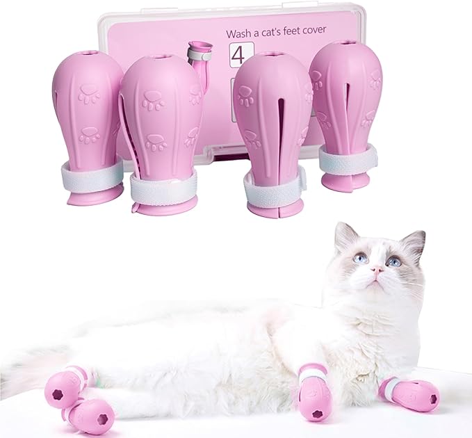 Cat Scratch Cover for Nursing Rehabilitation Cat Boots for Cats Only, Adjustable Cat Bathing Gloves（Pink-c）