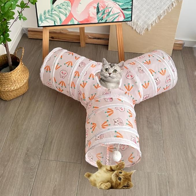 Cat Tunnel Tube Toys, Rabbit Pattern Tunnels for Indoor Cats, 3 Way Collapsible Interactive Toy Maze House with Peek Hole Dangling Ball for Rabbit, Kitten, Kitty, Puppy
