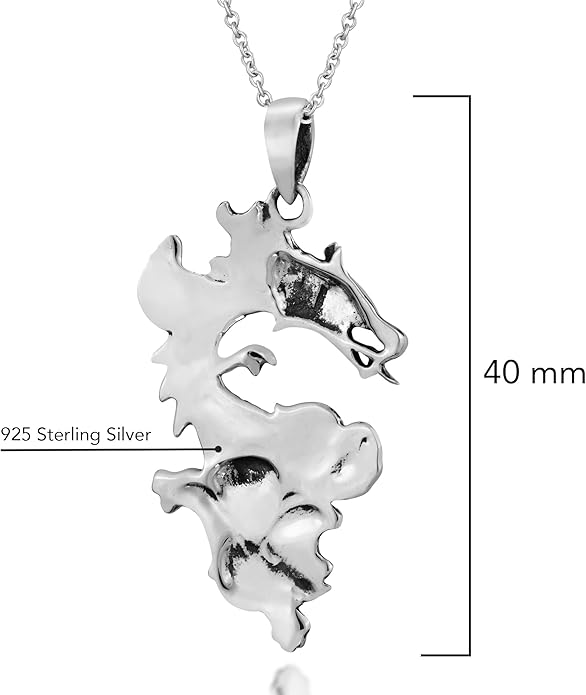 AeraVida Legendary Chinese Dragon Charm Stone Inlaid Accent .925 Sterling Silver Pendant on 18-inch Chain Necklace | Dragon Jewelry Necklace Accessory for Men Women Unisex