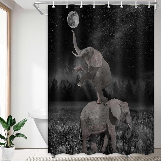 Boziqr Funny Shower Curtains for Bathroom, Cute Elephant Moon Forest Bath Curtain, Rustic Farmhouse Decor Polyester Fabric Fun Cool Animals Black 48 x 70 Inches