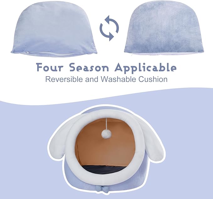 Jiupety Cute Cat Bed, Indoor Lovely Crystal Velvet Igloo for Cat and Small Dog, Warm Cat Bed Cave for Puppy and Kitten, Big Ear, L.