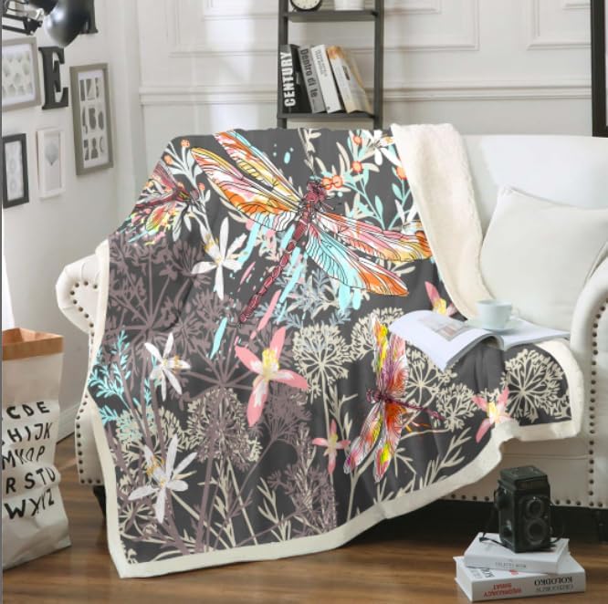 Feelyou Dragonfly Sherpa Blanket Twin 60x80 Inches Botanical Floral Fleece Throw Blanket for Kids Girls Teens Women Bedroom Decor Nature Animals Branches for Sofa Bed Couch Grey