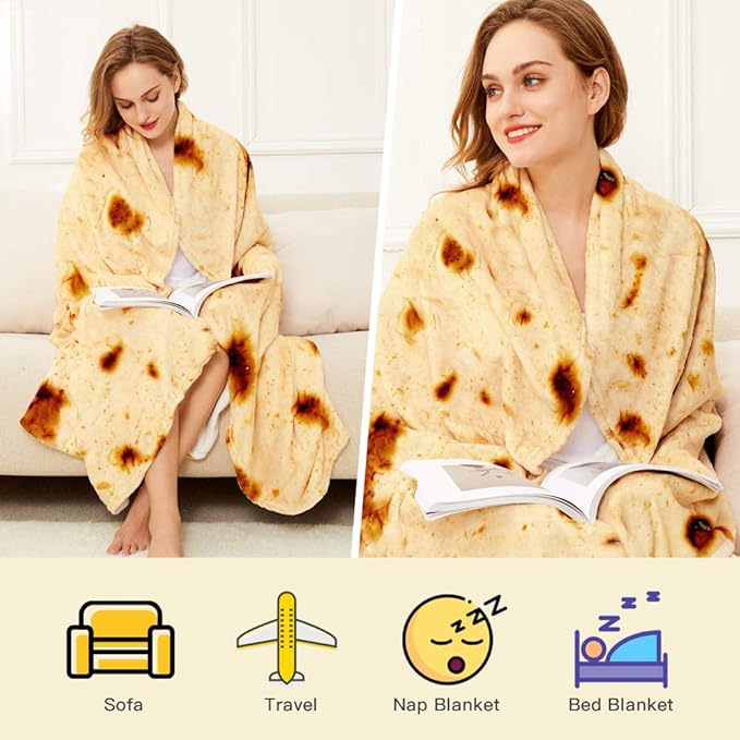 Burrito Tortilla Throw Blanket, 2.0 Double Sided Burritos Taco Tortilla Wrap Blankets for Adults Kids, Giant Funny Realistic Food Blankets, Soft Flannel Round Throw Blanket 80in