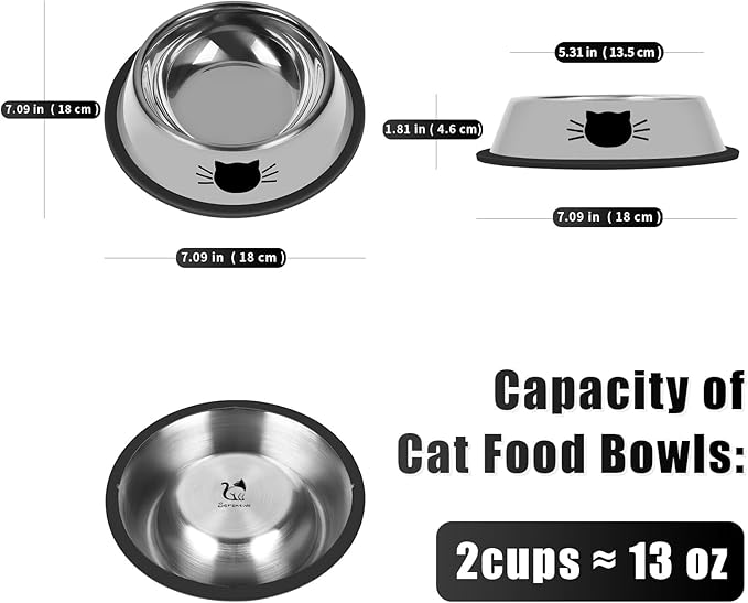 2Pcs Cat Bowls Non-Slip Stainless Steel Small Cat Food Bowl Unbreakable Thick Rubber Base Easily Clean Lovely Color
