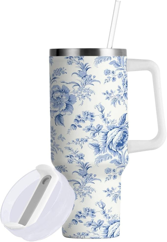 Boccsty Vintage French Floral Insulated Tumblers Blue Pattern Reusable Stainless Steel Tumbler 30 oz Cup Coffee Travel Mug Water Bottle with Handle & Flip Straw for Home Office Car