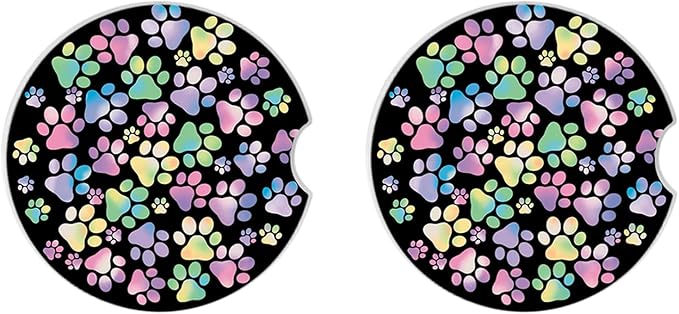2 Pack Absorbent Car Coasters for Cup Holders,Gradient Colorful Dog paw Print Ceramic Coasters with Cork Back and Finger Slot,2.56" Auto Accessories for Women & Men.