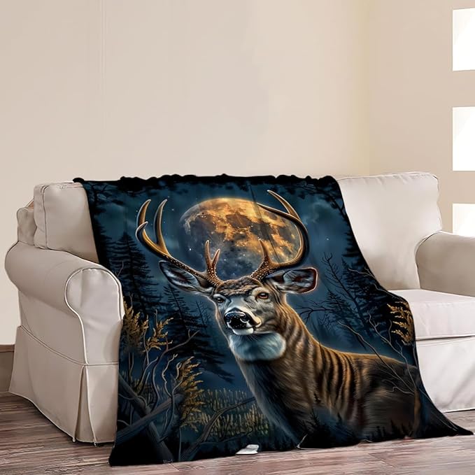 Deer Moon Hunting Print Blanket Wild Animal Country Nature Night Throw Blankets Gifts for Couch Sofa Bed Stuff Decor Soft Cozy Fleece Plush Warm Flannel Bedding for Lover Men Women 50"x60"