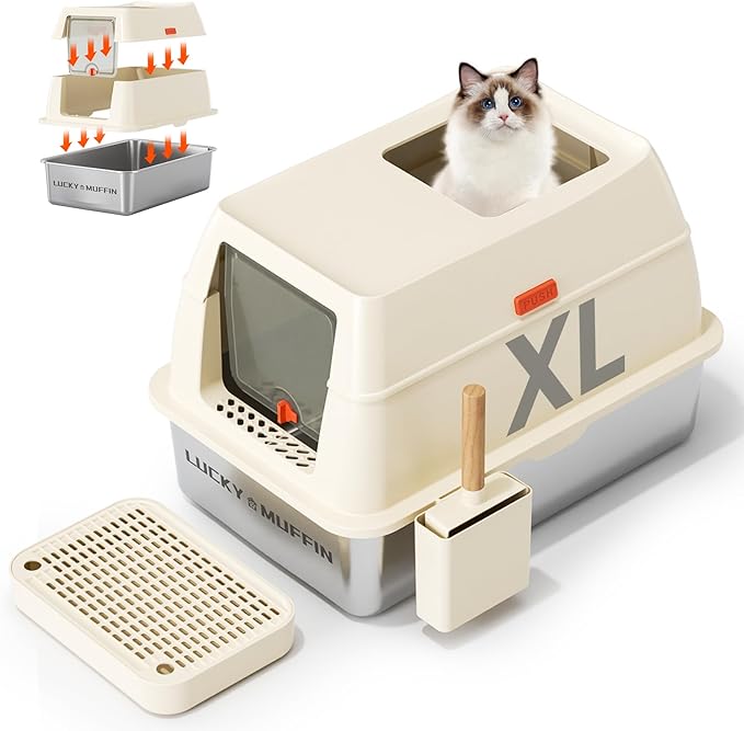 3 in 1 Premium Stainless Steel Cat Litter Box with Removable Lid, Enclosed XL Extra Large High-Sided Metal Box for Big Kitty with Scoop, Top Entry, Odor Control, Anti-Leakage, Non-Sticky & Easy Clean