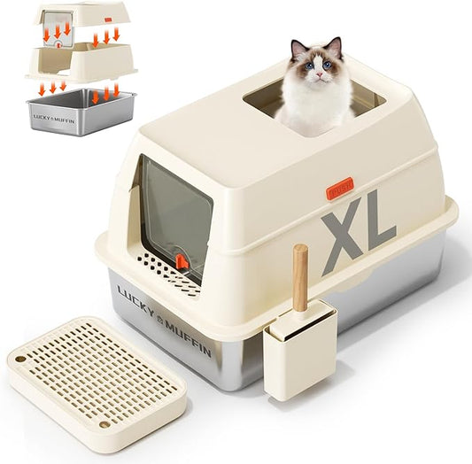 3 in 1 Premium Stainless Steel Cat Litter Box with Removable Lid, Enclosed XL Extra Large High-Sided Metal Box for Big Kitty with Scoop, Top Entry, Odor Control, Anti-Leakage, Non-Sticky & Easy Clean
