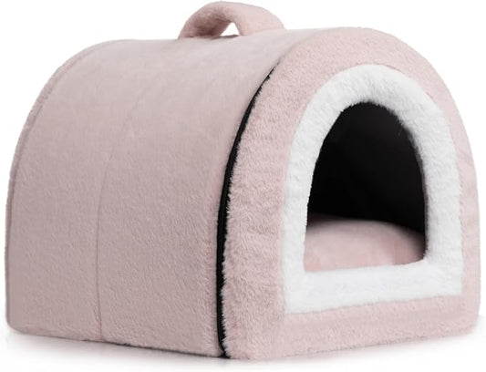 Hollypet Fluffy Cat Bed, 2 in 1 Foldable Cave House Animal Shaped Nest Pet Sleeping Bed, Light Pink