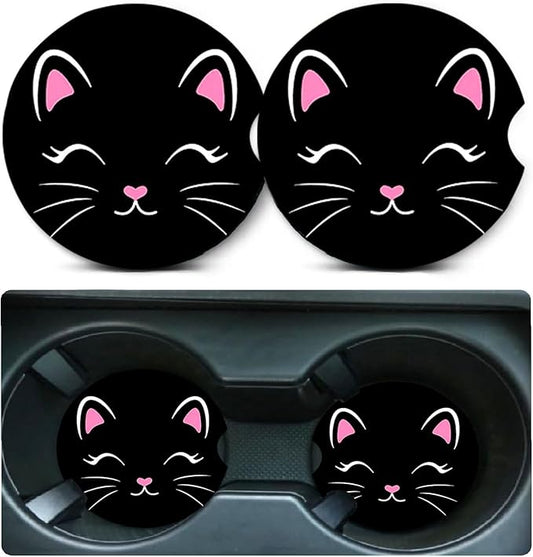Car Coasters for Cup Holders,2 Pack Black Cat Car Coasters,2.75" Universal Size Anti Slip Rubber Mat,Automotive Cup Holder Decal Decor Accessories,Cute Cat Gifts for Women,Men,Mom
