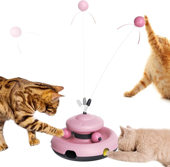 Zaabaaziba Interactive Cat Toys, Track Balls Kitten Toy for Indoor, High-Elasticity Cat Teaser Wand Cat Feather Toy, Perfect Toy for Multi-Cat Households for All Cat Breeds Pink