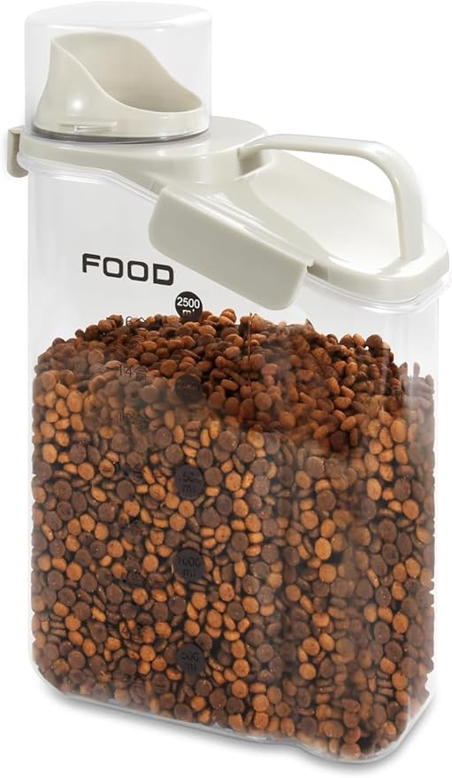 Dog Food Storage Container 3-4lbs, Pet Food Container with Airtight Pour Spout, Cat Food Storage Container with Measuring Cups, Portable Pet Food Container for Dogs, Cats, Birds（White）