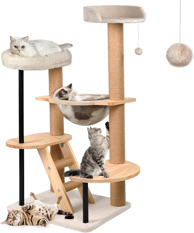 Cat Tree Tower Wood - 40inch Multi-Level Modern Cat Tower with Plush Perch, Cat Box with Large Space Capsule, Platforms, Sisal Scratching Posts, Removable Cushions for Small Cats (Natural)