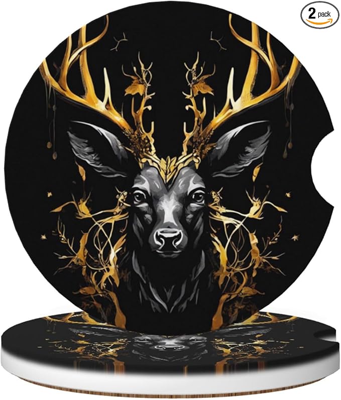 Absorbent Ceramic Car Coasters for Cup Holders, Black Gold Deer Design 2.56" Anti Slip Universal Drink Cup Coasters for Women Men (2 Pack)