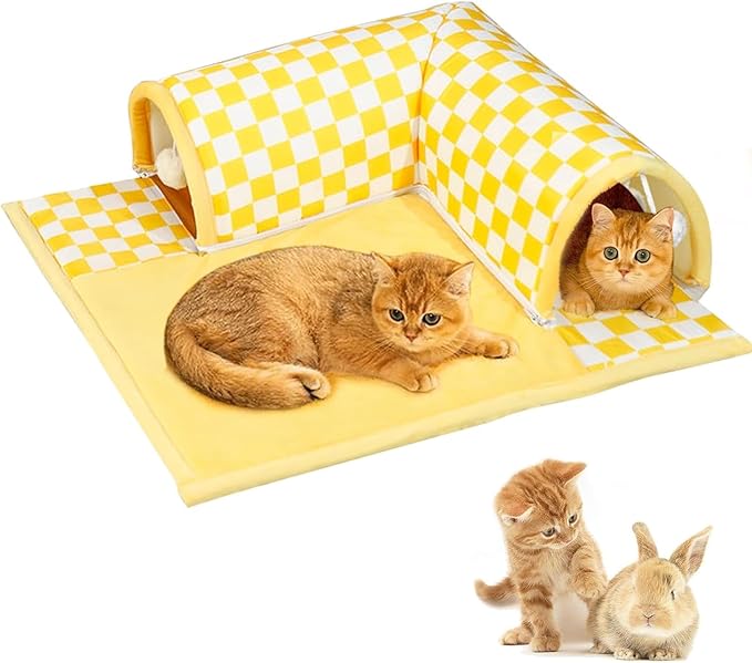 Cat Tunnel Bed with Fluffy Toy Balls, Small Cushion and Flexible Design Removable Cat Cave Tube for Small Medium Large Cat,Puppy,Rabbit,Ferret