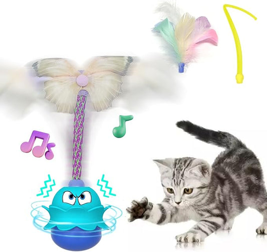 LEWISER Cat Toys Monster, 3in1 Rechargeable Automatic Interactive Cat Toy for Indoor Cats Exercise, Real Feathers, Silicone and Butterfly Tail, LED Lighting, Mice Squeak Chirping, Blue