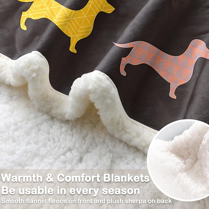 Sleepwish Colorful Dachshund Fleece Throw Blanket for Couch Chair Bed Fuzzy Black Cartoon Puppy Sherpa Blanket Gifts for Women Kids, King(108"x90")