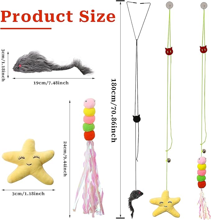 Cat Toys,Mice Toys for Indoor Cats,3 Pack Hanging Door Cat Toys with Tassel,Retractable Cat Toy with Rope Mouse Starfish Caterpillar,Interactive Cat Teaser Toy for Indoor Kitten Play Chase Exercise