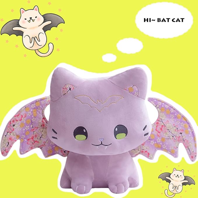 ELAINREN Crazy Cat Plush Kitten Toy with Bat Wings, Cute Kitty Stuffed Animal Floral Cat Plushie Soft Hugging Pillow Decor Furry Purple Bat Cat Dolls Gifts for Xmas,11.8''(Pink/Purple)
