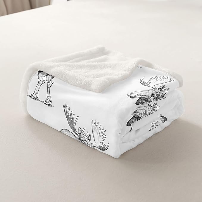 Feelyou Moose Fleece Wild Animal Theme Sherpa Blanket for Chair Sofa Couch Cartoon Moose Plush Throw Blanket Breathable Gray Wildlife Style Fuzzy Room Decor 40"x50"