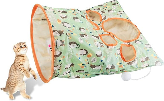 Andiker Cat Tunnel Bags for Indoor Cats, 13x17x12In Foldable Cat Crinkle Bag with 3 White Plush Balls and 1 Mouse 5 Holes for Kitten to Hide and Catch 3 Layers Cat Toy (Hedgehog)