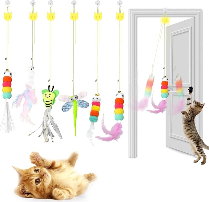 2025 New 6 Pcs Interactive Feather Cat Toys, Cat Teaser Retractable Indoor Cat Toy Self Play Hanging Cat Toy,Cat Toy Indoor Kitten Play Chase Fun Exercise, Mental Physical Stimulation