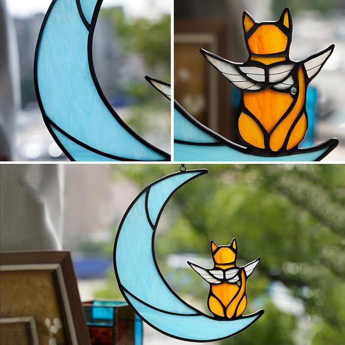 BOXCASA Angel Cat on Moon Memorial Gifts,Orange Cat Stained Glass Window Hangings,Rainbow Bridge Pet Memorial Gifts for Women,Loss of Pet Sympathy Gift for Women Mom